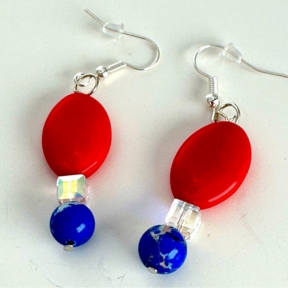 AB Crystal Glass Bead Earrings and blue and red glass Handmade patriotic 3476